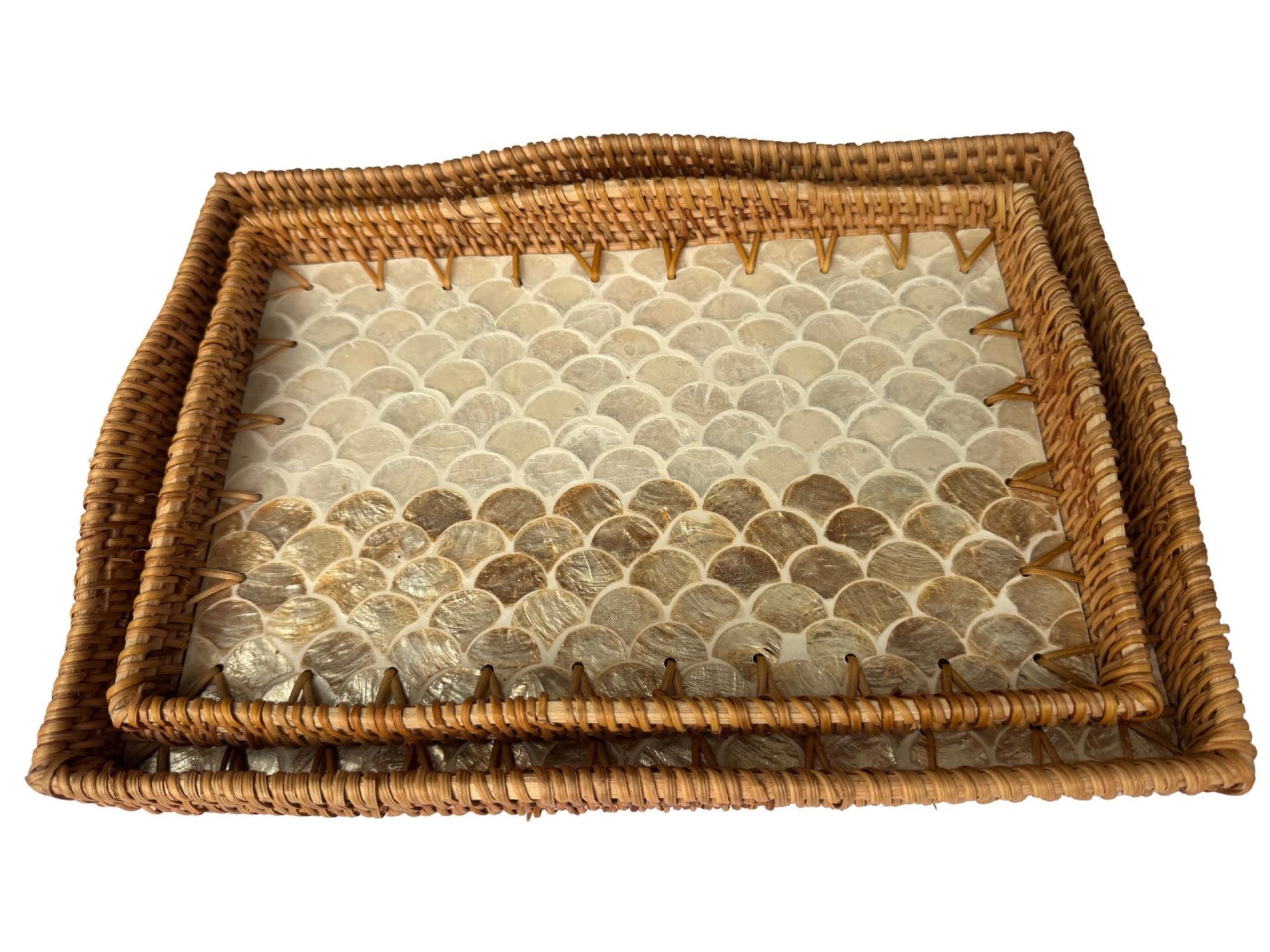 Scalloped Edge Rattan Rectangular Tray with Mother of Pearl Inlay - Handmade Decorative Serving Tray, Natural Woven Tray, Coffee Table Decor 49
