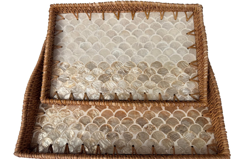 Scalloped Edge Rattan Rectangular Tray with Mother of Pearl Inlay - Handmade Decorative Serving Tray, Natural Woven Tray, Coffee Table Decor 49