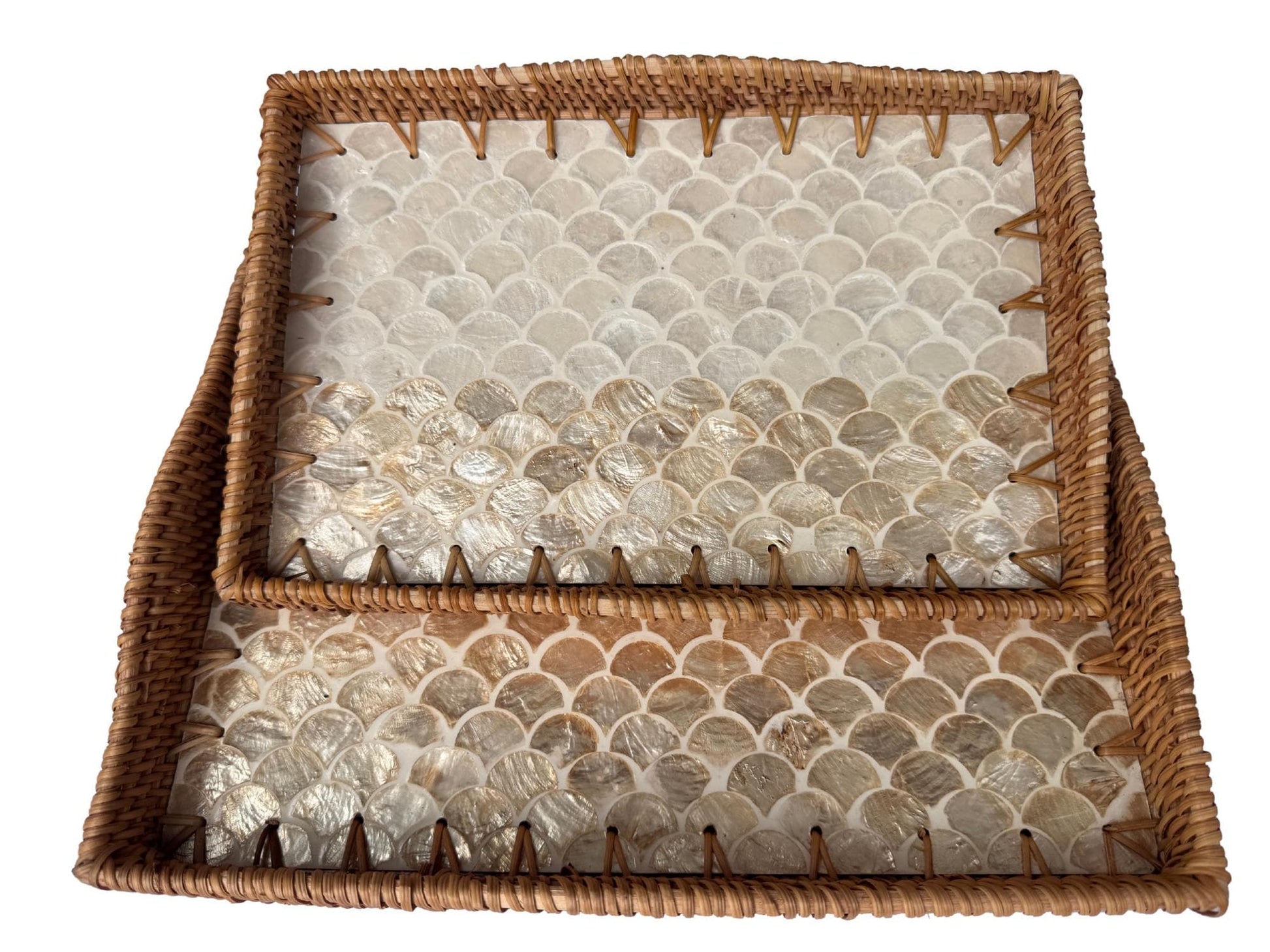 Scalloped Edge Rattan Rectangular Tray with Mother of Pearl Inlay - Handmade Decorative Serving Tray, Natural Woven Tray, Coffee Table Decor 49