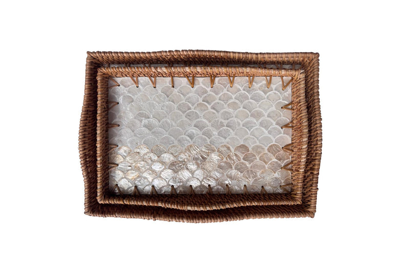 Scalloped Edge Rattan Rectangular Tray with Mother of Pearl Inlay - Handmade Decorative Serving Tray, Natural Woven Tray, Coffee Table Decor 49