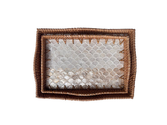 Scalloped Edge Rattan Rectangular Tray with Mother of Pearl Inlay - Handmade Decorative Serving Tray, Natural Woven Tray, Coffee Table Decor 49