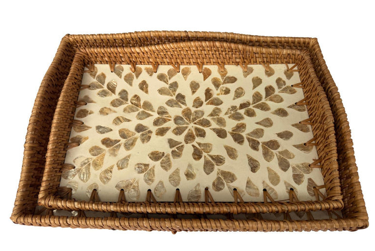 Scalloped Edge Rattan Rectangular Tray with Mother of Pearl Inlay - Handmade Decorative Serving Tray, Natural Woven Tray, Coffee Table Decor 53