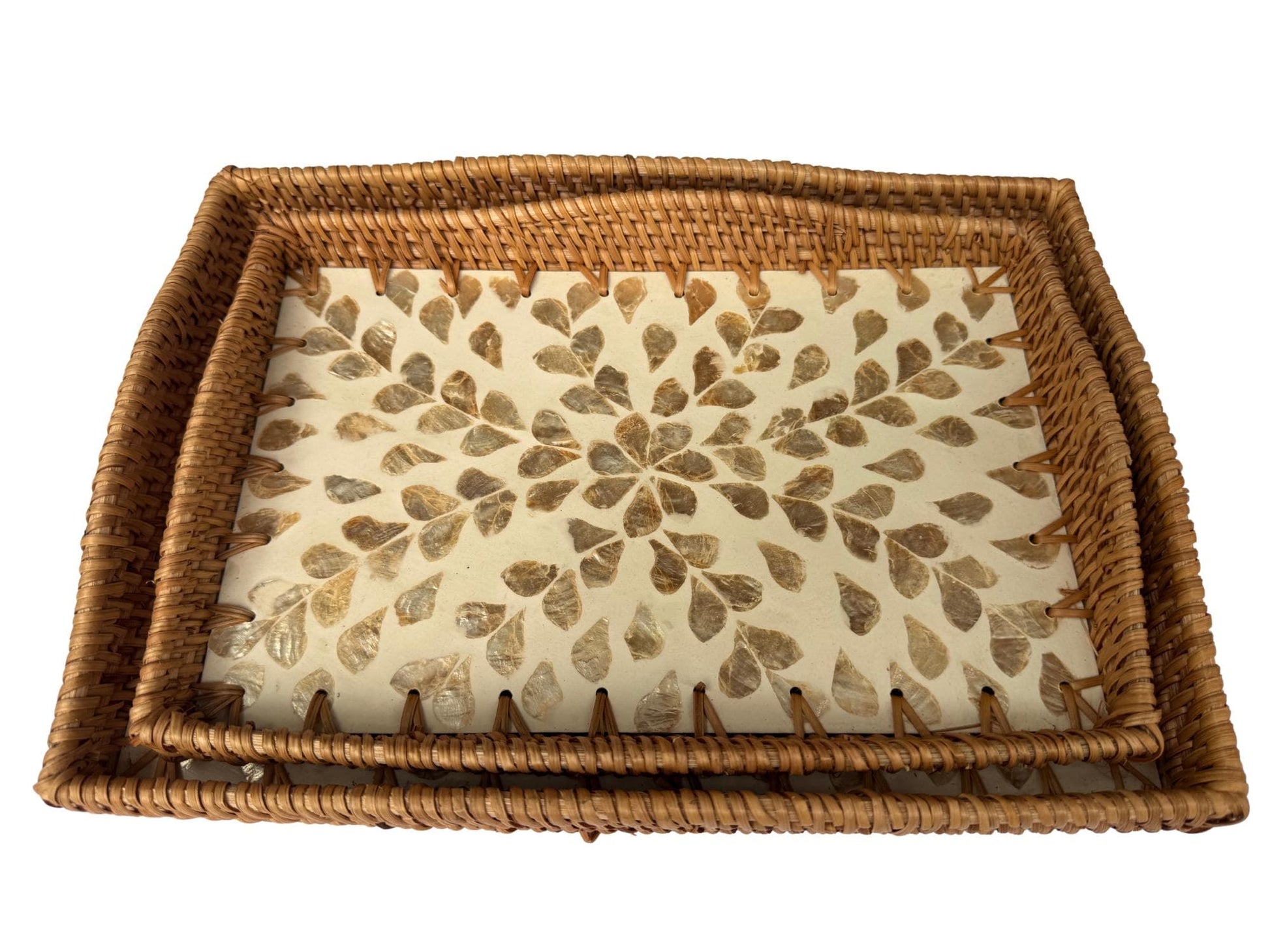 Scalloped Edge Rattan Rectangular Tray with Mother of Pearl Inlay - Handmade Decorative Serving Tray, Natural Woven Tray, Coffee Table Decor 53