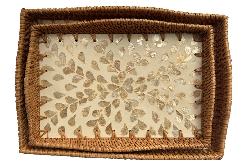 Scalloped Edge Rattan Rectangular Tray with Mother of Pearl Inlay - Handmade Decorative Serving Tray, Natural Woven Tray, Coffee Table Decor 53