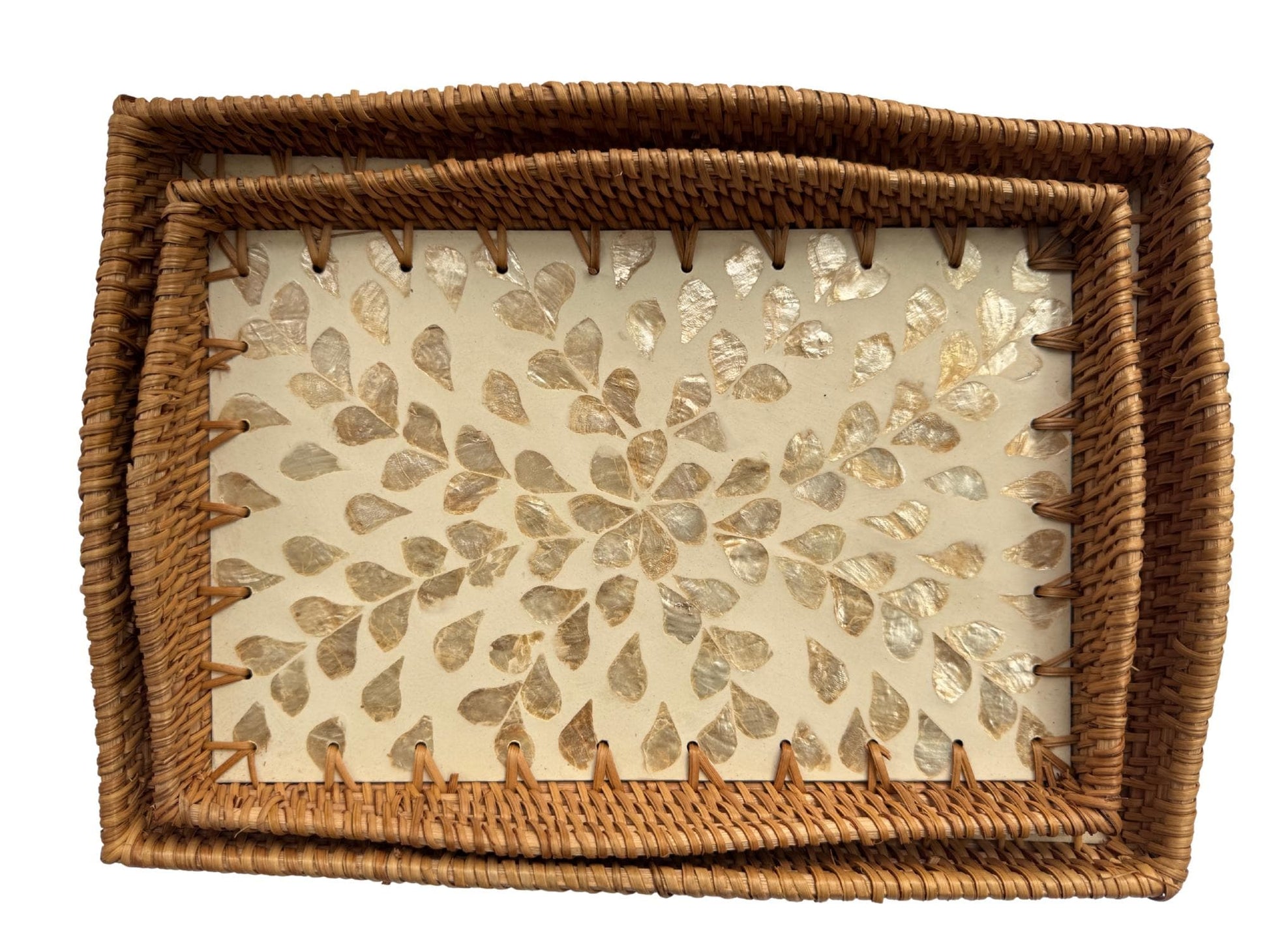Scalloped Edge Rattan Rectangular Tray with Mother of Pearl Inlay - Handmade Decorative Serving Tray, Natural Woven Tray, Coffee Table Decor 53