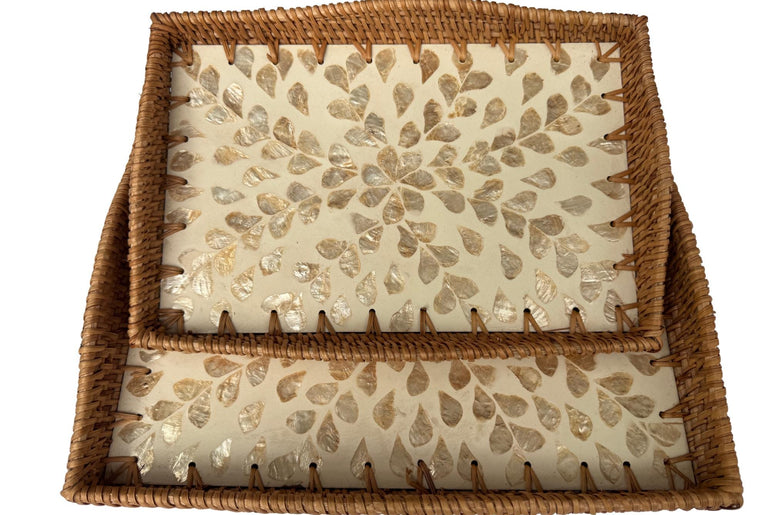 Scalloped Edge Rattan Rectangular Tray with Mother of Pearl Inlay - Handmade Decorative Serving Tray, Natural Woven Tray, Coffee Table Decor 53