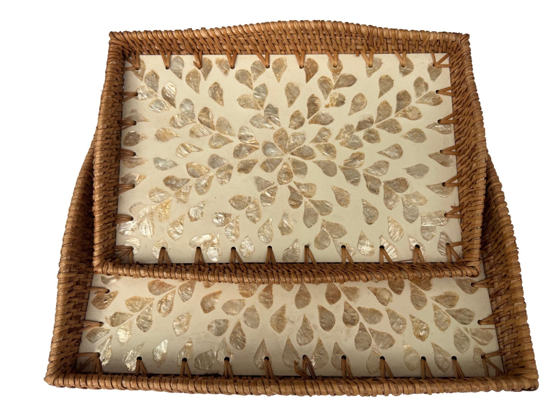 Scalloped Edge Rattan Rectangular Tray with Mother of Pearl Inlay - Handmade Decorative Serving Tray, Natural Woven Tray, Coffee Table Decor 53