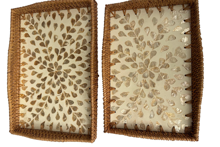 Scalloped Edge Rattan Rectangular Tray with Mother of Pearl Inlay - Handmade Decorative Serving Tray, Natural Woven Tray, Coffee Table Decor 53