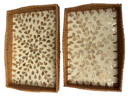 Scalloped Edge Rattan Rectangular Tray with Mother of Pearl Inlay - Handmade Decorative Serving Tray, Natural Woven Tray, Coffee Table Decor 53