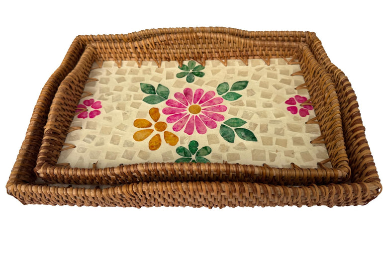 Scalloped Edge Rattan Rectangular Tray with Mother of Pearl Inlay - Handmade Decorative Serving Tray, Natural Woven Tray, Coffee Table Decor 51