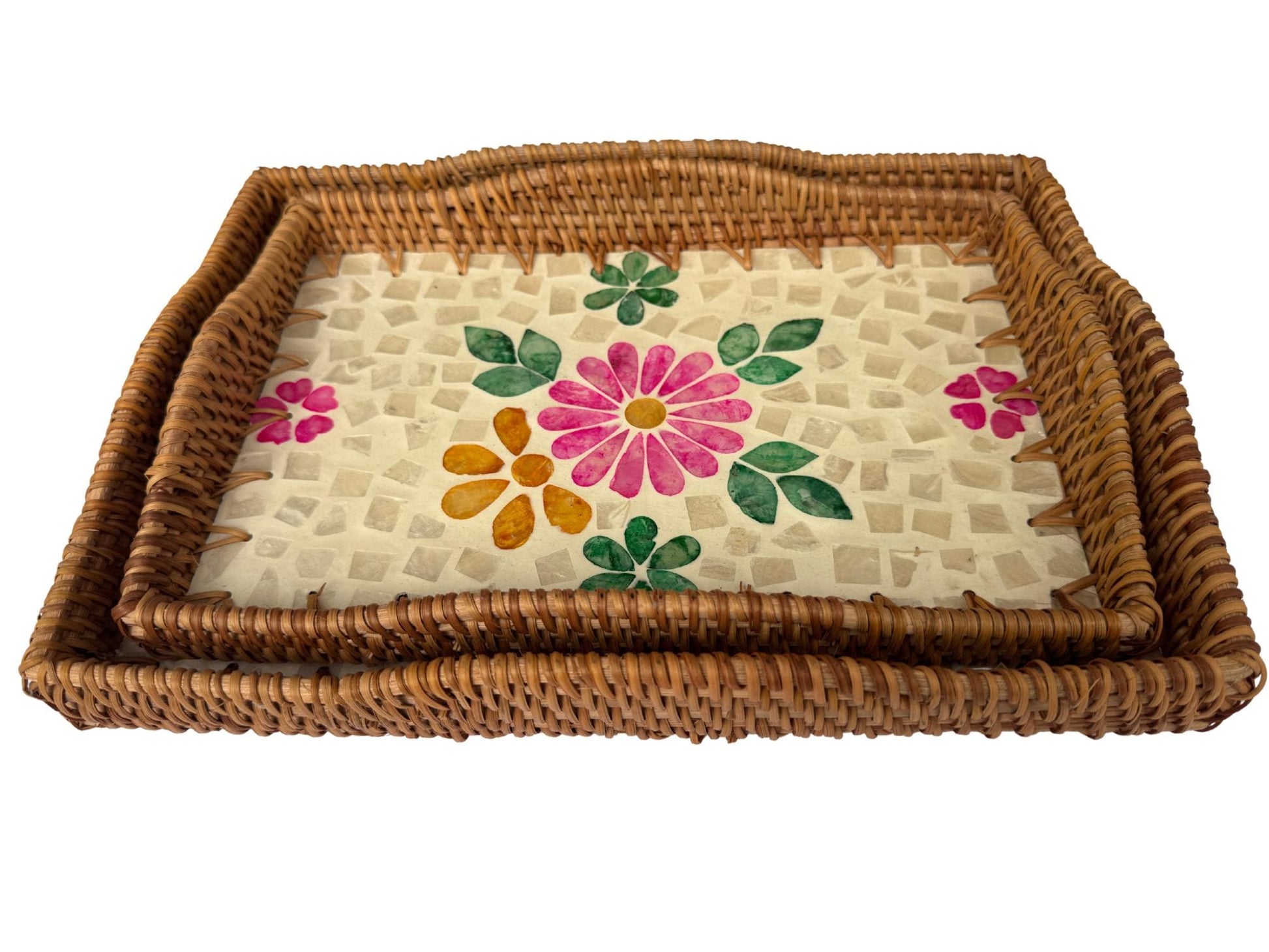 Scalloped Edge Rattan Rectangular Tray with Mother of Pearl Inlay - Handmade Decorative Serving Tray, Natural Woven Tray, Coffee Table Decor 51