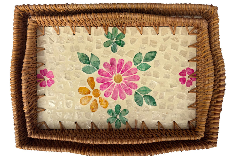 Scalloped Edge Rattan Rectangular Tray with Mother of Pearl Inlay - Handmade Decorative Serving Tray, Natural Woven Tray, Coffee Table Decor 51