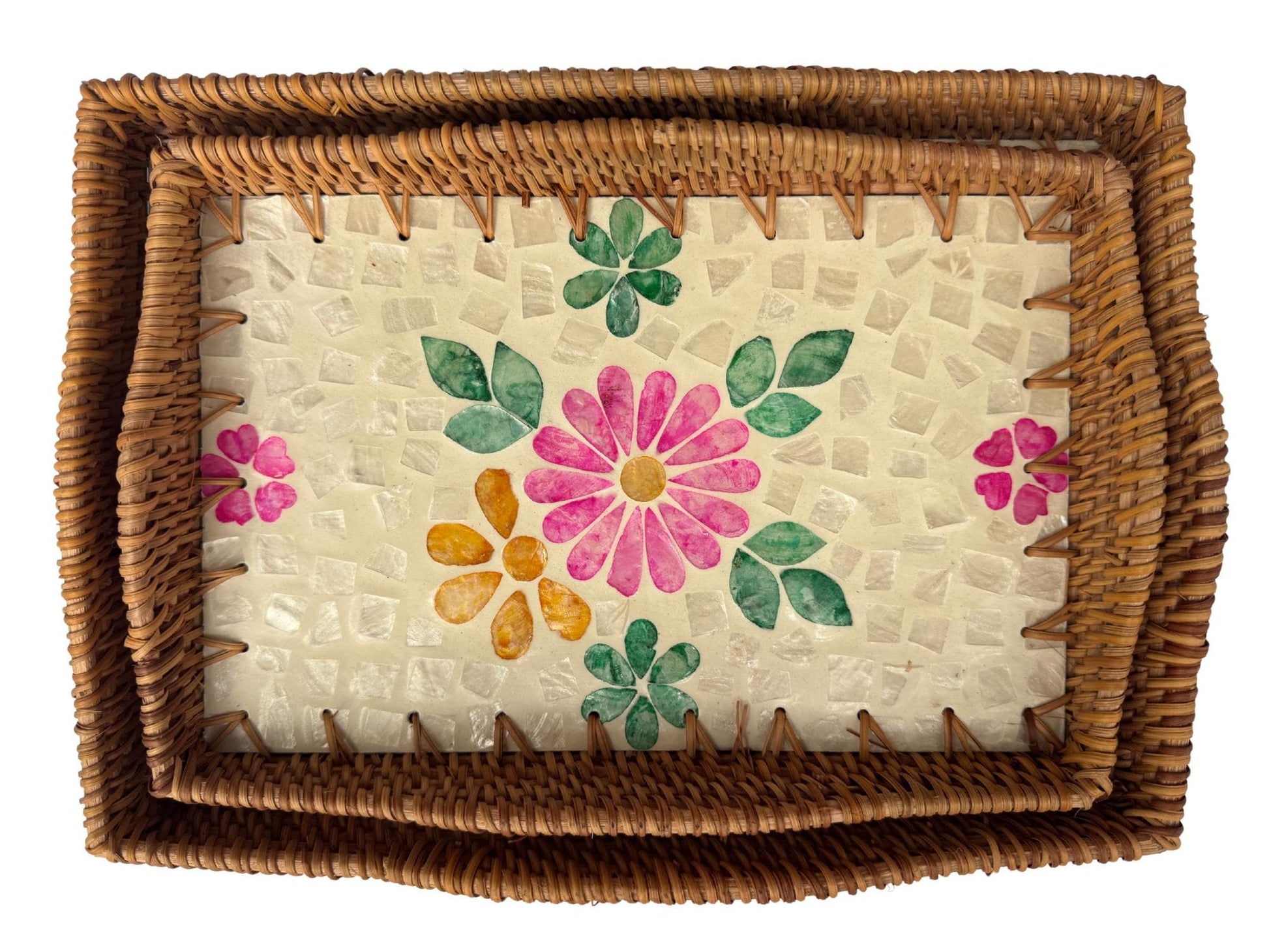 Scalloped Edge Rattan Rectangular Tray with Mother of Pearl Inlay - Handmade Decorative Serving Tray, Natural Woven Tray, Coffee Table Decor 51