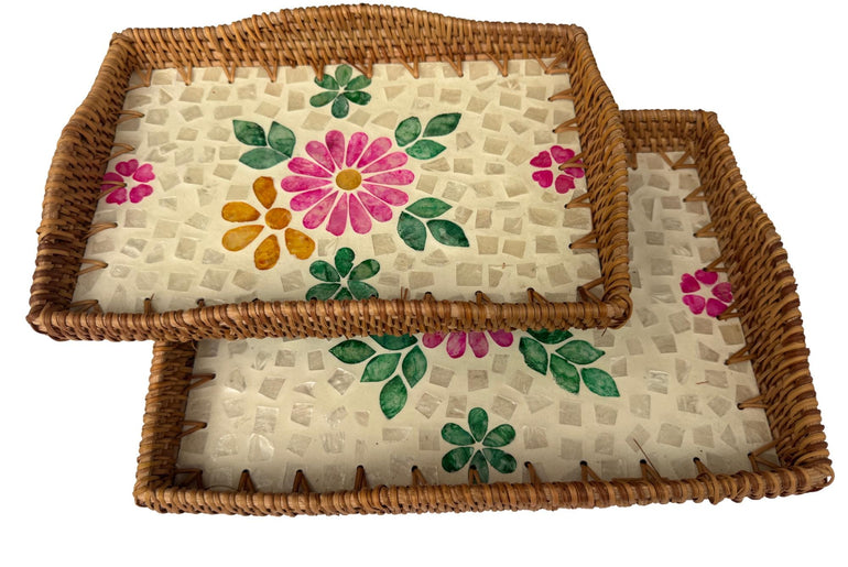 Scalloped Edge Rattan Rectangular Tray with Mother of Pearl Inlay - Handmade Decorative Serving Tray, Natural Woven Tray, Coffee Table Decor 51