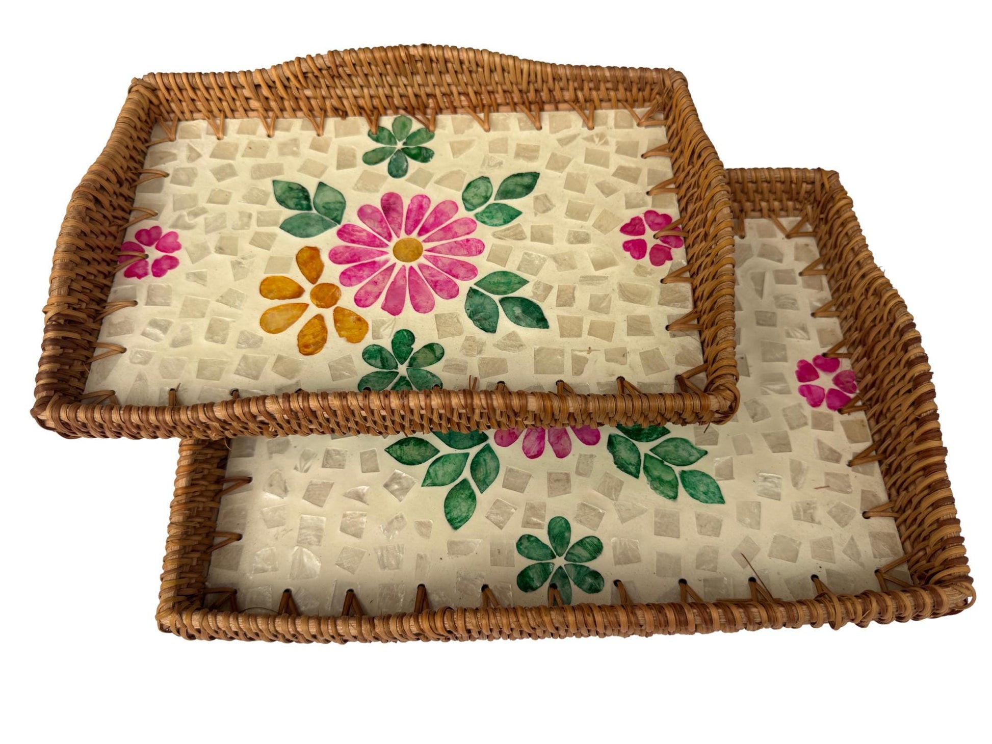 Scalloped Edge Rattan Rectangular Tray with Mother of Pearl Inlay - Handmade Decorative Serving Tray, Natural Woven Tray, Coffee Table Decor 51