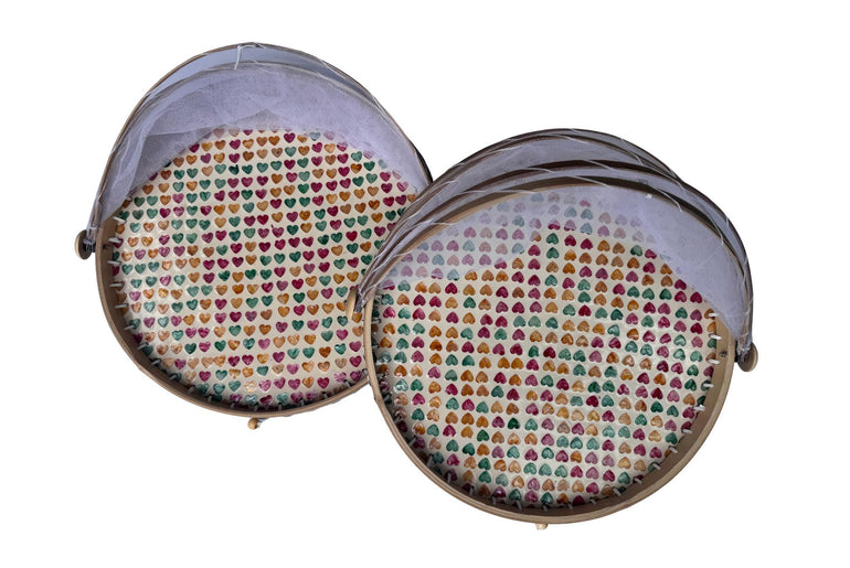 Round Bamboo Food Cover with Mesh Dome, Mother of Pearl Inlay Bamboo Tray, Handmade Food Protector, Kitchen Serving Tray 16 Inch 168