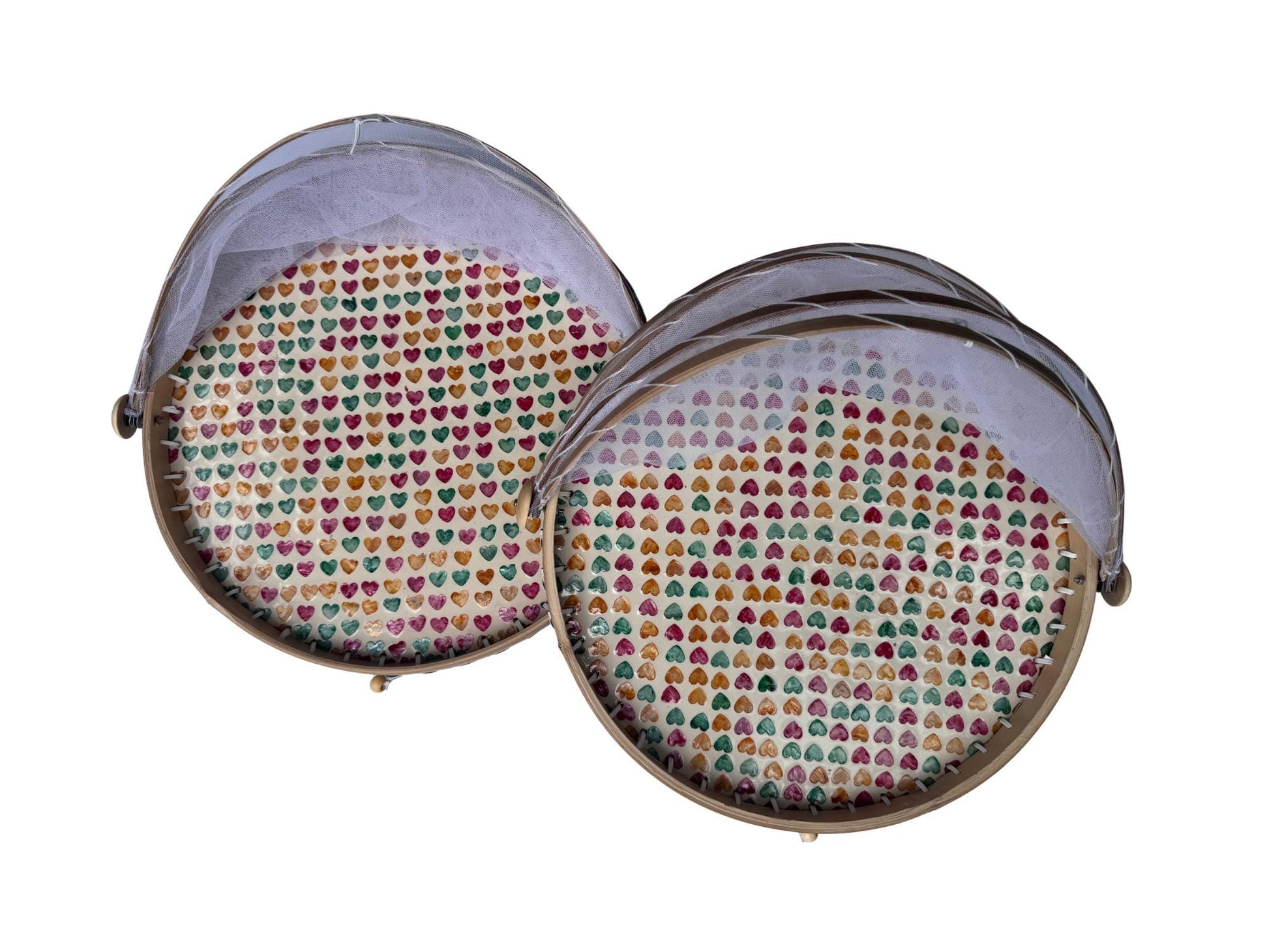 Round Bamboo Food Cover with Mesh Dome, Mother of Pearl Inlay Bamboo Tray, Handmade Food Protector, Kitchen Serving Tray 16 Inch 168