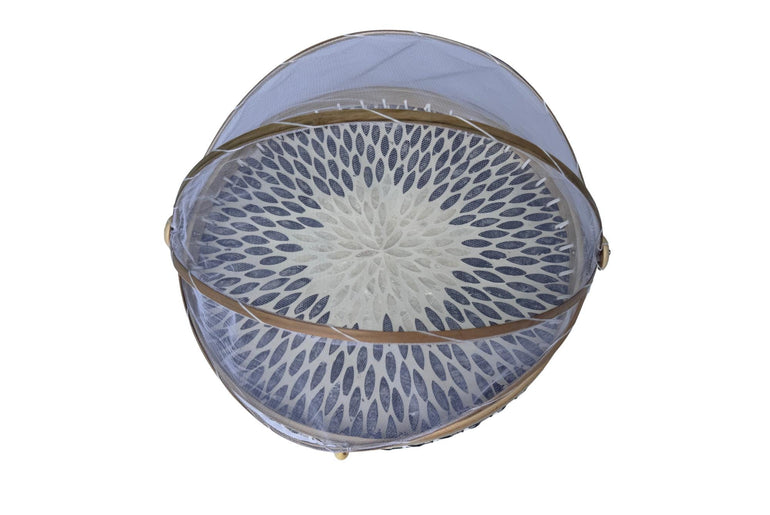 Round Bamboo Food Cover with Mesh Dome, Mother of Pearl Inlay Bamboo Tray, Handmade Food Protector, Kitchen Serving Tray 16 Inch 169