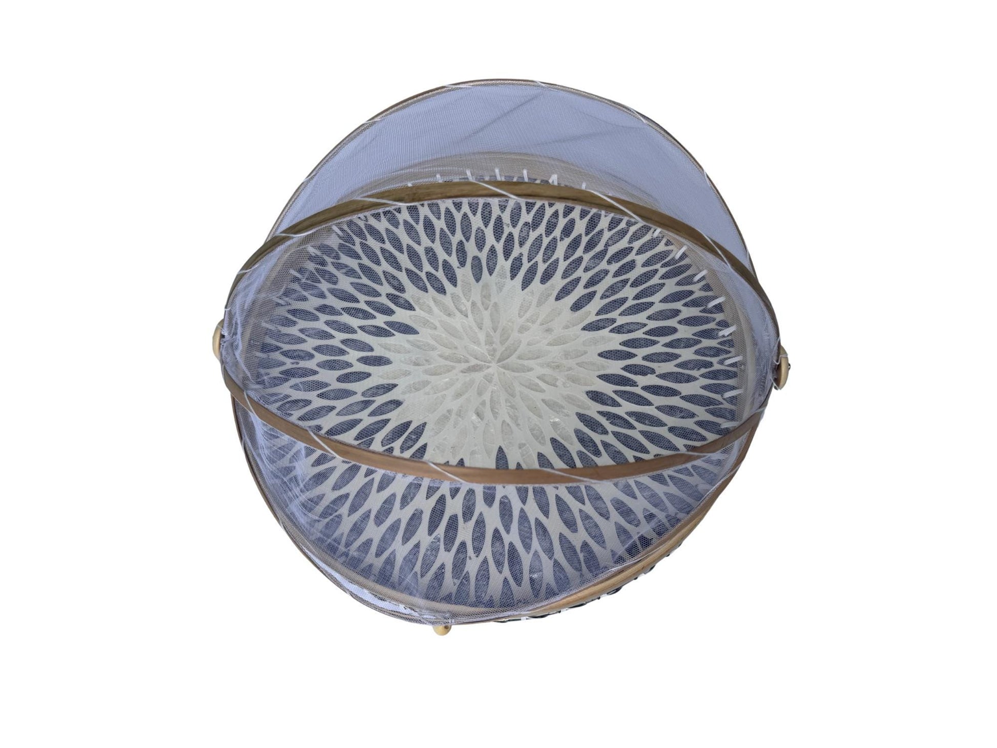 Round Bamboo Food Cover with Mesh Dome, Mother of Pearl Inlay Bamboo Tray, Handmade Food Protector, Kitchen Serving Tray 16 Inch 169