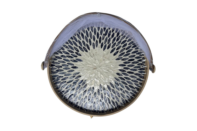 Round Bamboo Food Cover with Mesh Dome, Mother of Pearl Inlay Bamboo Tray, Handmade Food Protector, Kitchen Serving Tray 16 Inch 169