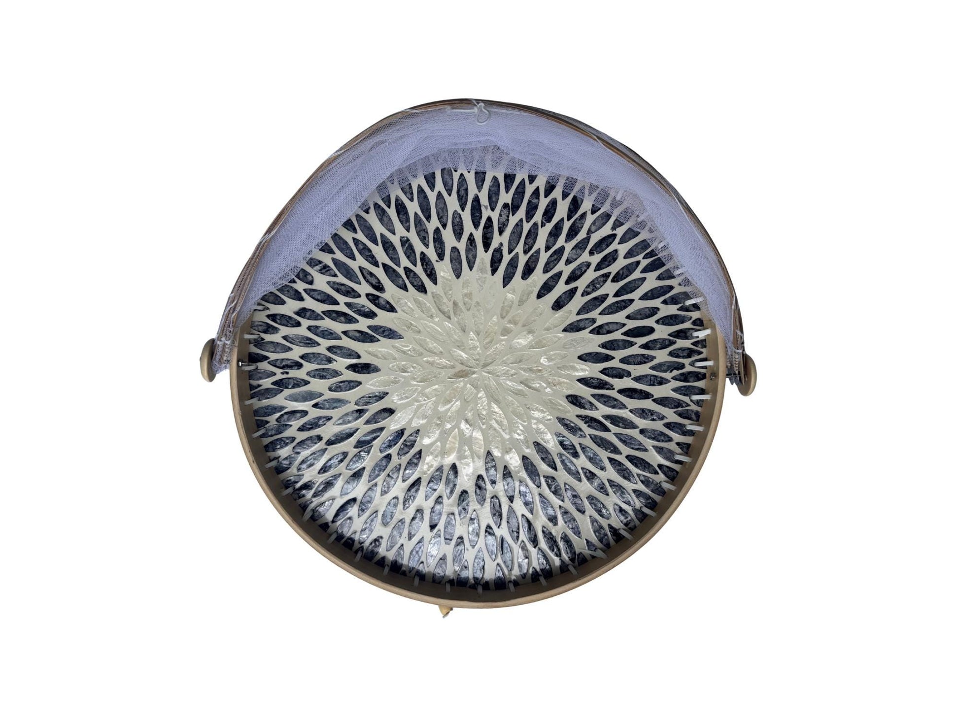 Round Bamboo Food Cover with Mesh Dome, Mother of Pearl Inlay Bamboo Tray, Handmade Food Protector, Kitchen Serving Tray 16 Inch 169