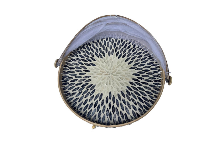 Round Bamboo Food Cover with Mesh Dome, Mother of Pearl Inlay Bamboo Tray, Handmade Food Protector, Kitchen Serving Tray 16 Inch 169