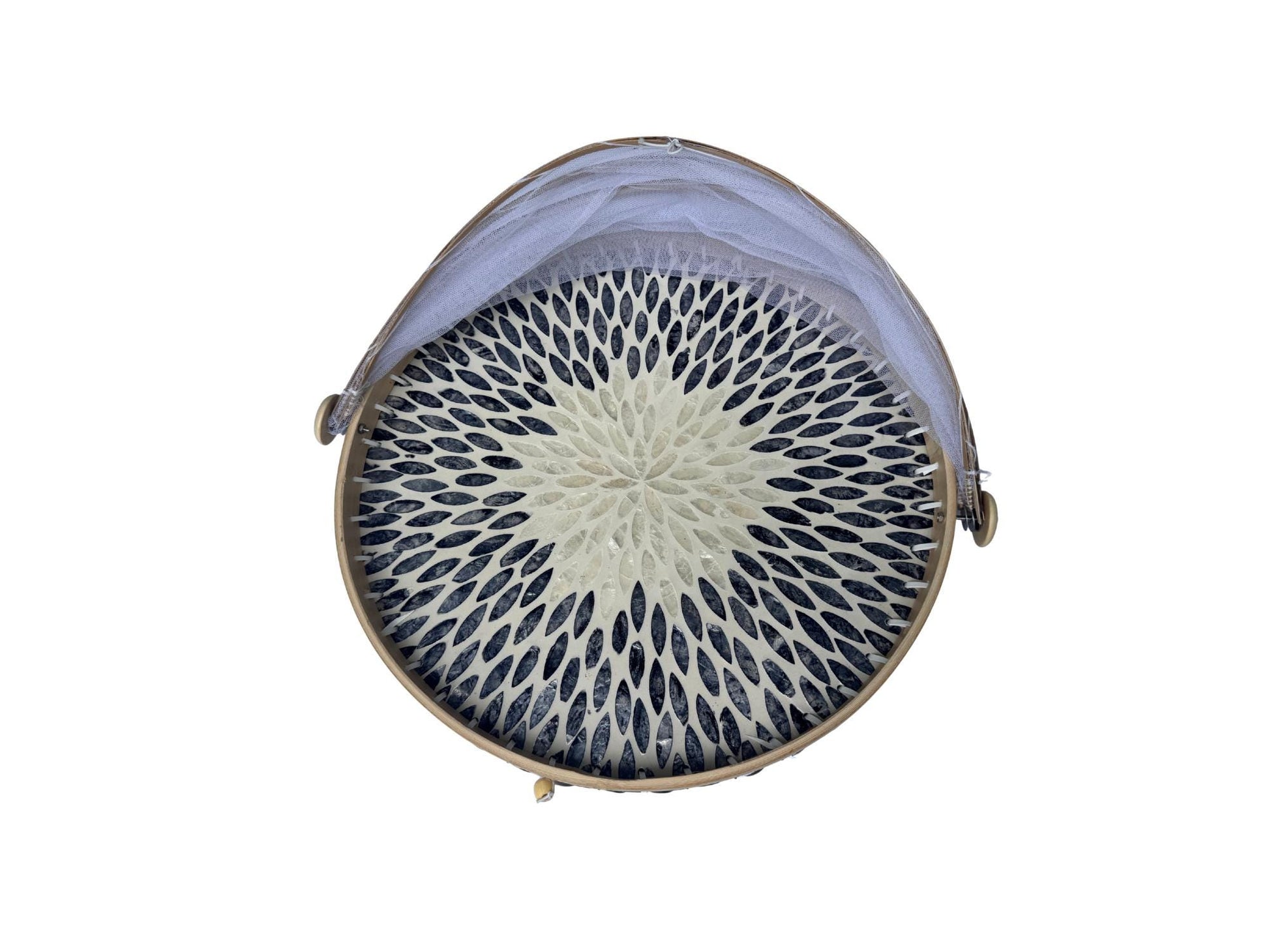 Round Bamboo Food Cover with Mesh Dome, Mother of Pearl Inlay Bamboo Tray, Handmade Food Protector, Kitchen Serving Tray 16 Inch 169