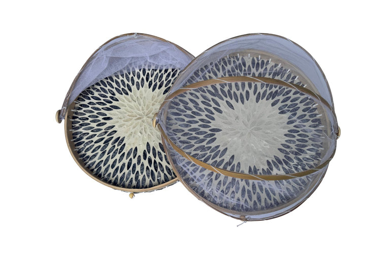 Round Bamboo Food Cover with Mesh Dome, Mother of Pearl Inlay Bamboo Tray, Handmade Food Protector, Kitchen Serving Tray 16 Inch 169