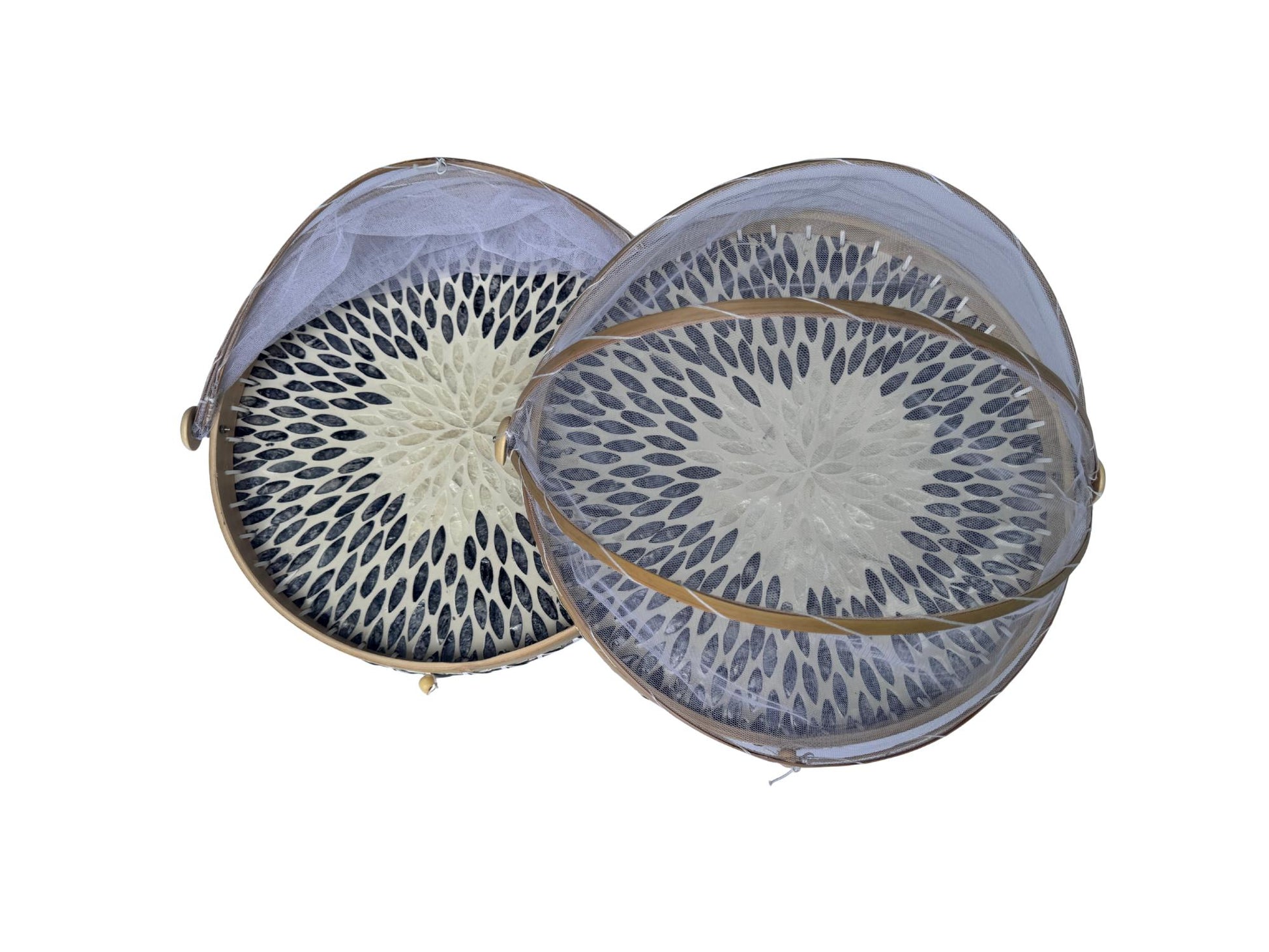 Round Bamboo Food Cover with Mesh Dome, Mother of Pearl Inlay Bamboo Tray, Handmade Food Protector, Kitchen Serving Tray 16 Inch 169