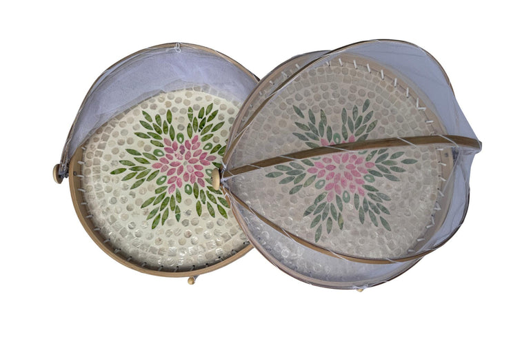Round Bamboo Food Cover with Mesh Dome, Mother of Pearl Inlay Bamboo Tray, Handmade Food Protector, Kitchen Serving Tray 16 Inch 167