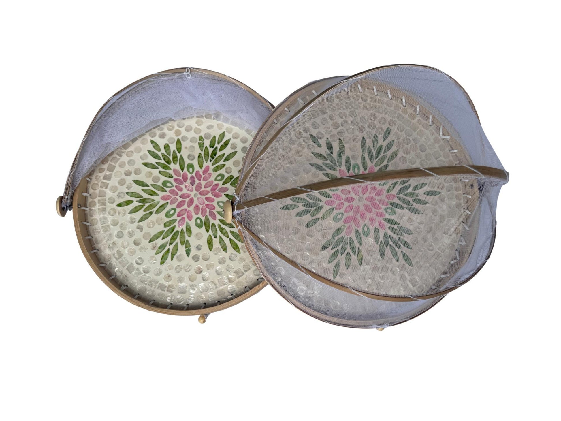 Round Bamboo Food Cover with Mesh Dome, Mother of Pearl Inlay Bamboo Tray, Handmade Food Protector, Kitchen Serving Tray 16 Inch 167