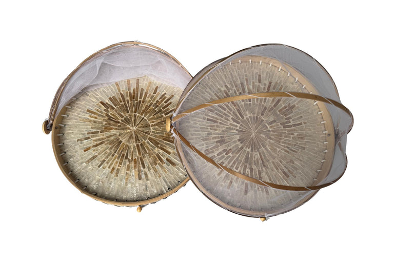 Round Bamboo Food Cover with Mesh Dome, Mother of Pearl Inlay Bamboo Tray, Handmade Food Protector, Kitchen Serving Tray 16 Inch 166