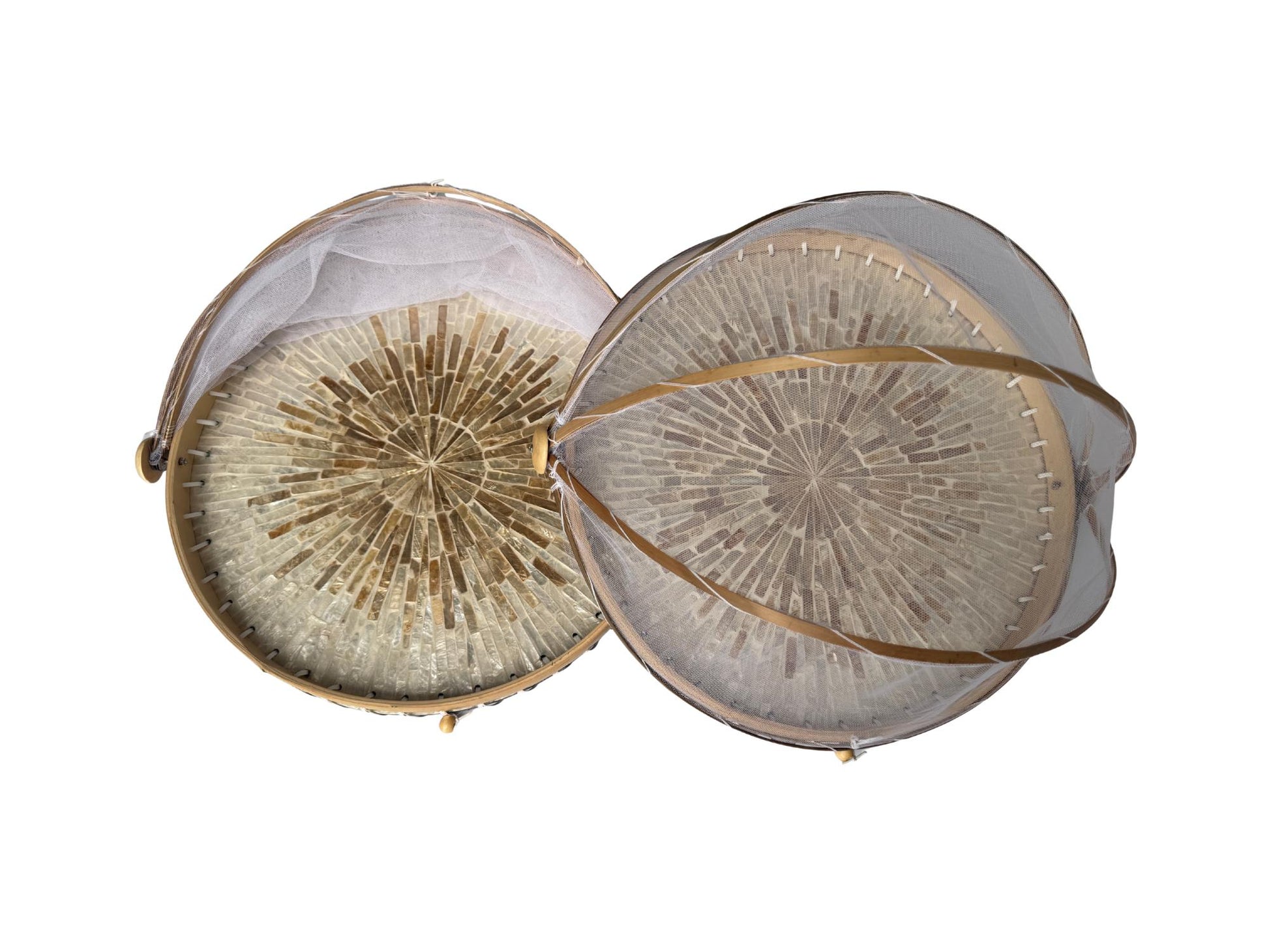 Round Bamboo Food Cover with Mesh Dome, Mother of Pearl Inlay Bamboo Tray, Handmade Food Protector, Kitchen Serving Tray 16 Inch 166