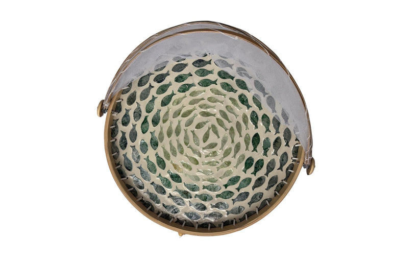 Round Bamboo Food Cover with Mesh Dome, Mother of Pearl Inlay Bamboo Tray, Handmade Food Protector, Kitchen Serving Tray 16 Inch 138
