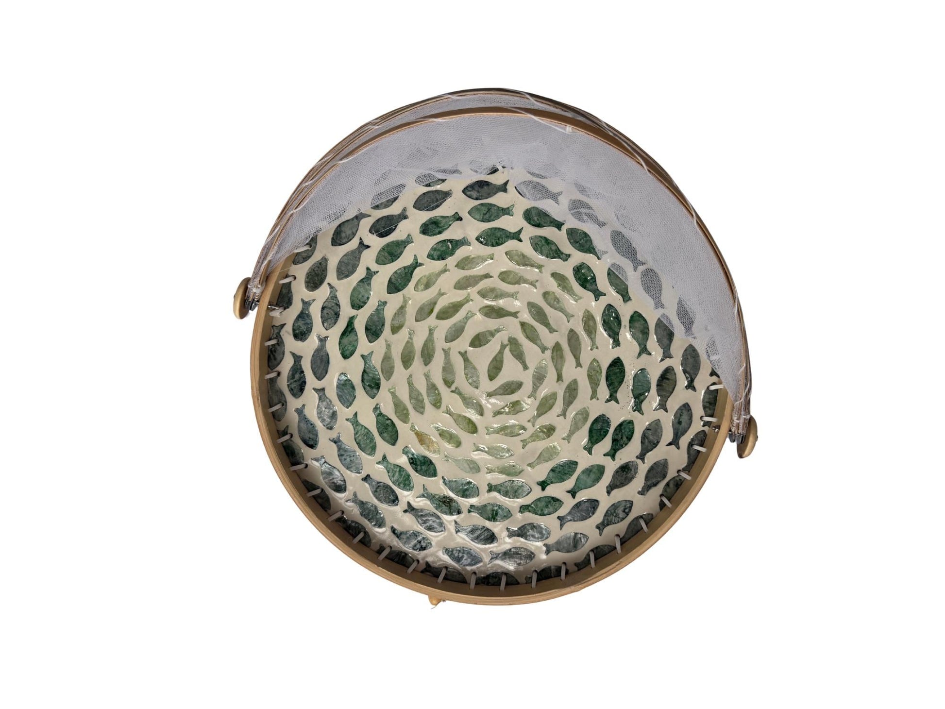 Round Bamboo Food Cover with Mesh Dome, Mother of Pearl Inlay Bamboo Tray, Handmade Food Protector, Kitchen Serving Tray 16 Inch 138