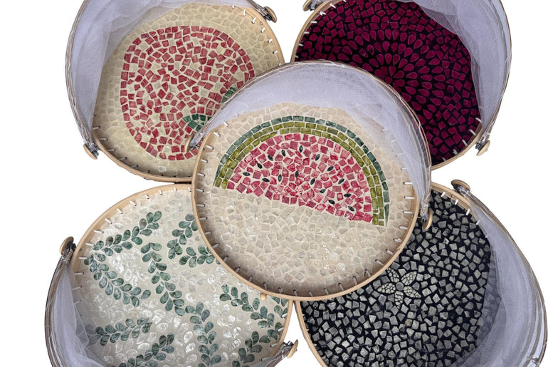 Round Bamboo Food Cover with Mesh Dome, Mother of Pearl Inlay Bamboo Tray, Handmade Food Protector, Kitchen Serving Tray 16 Inch 165