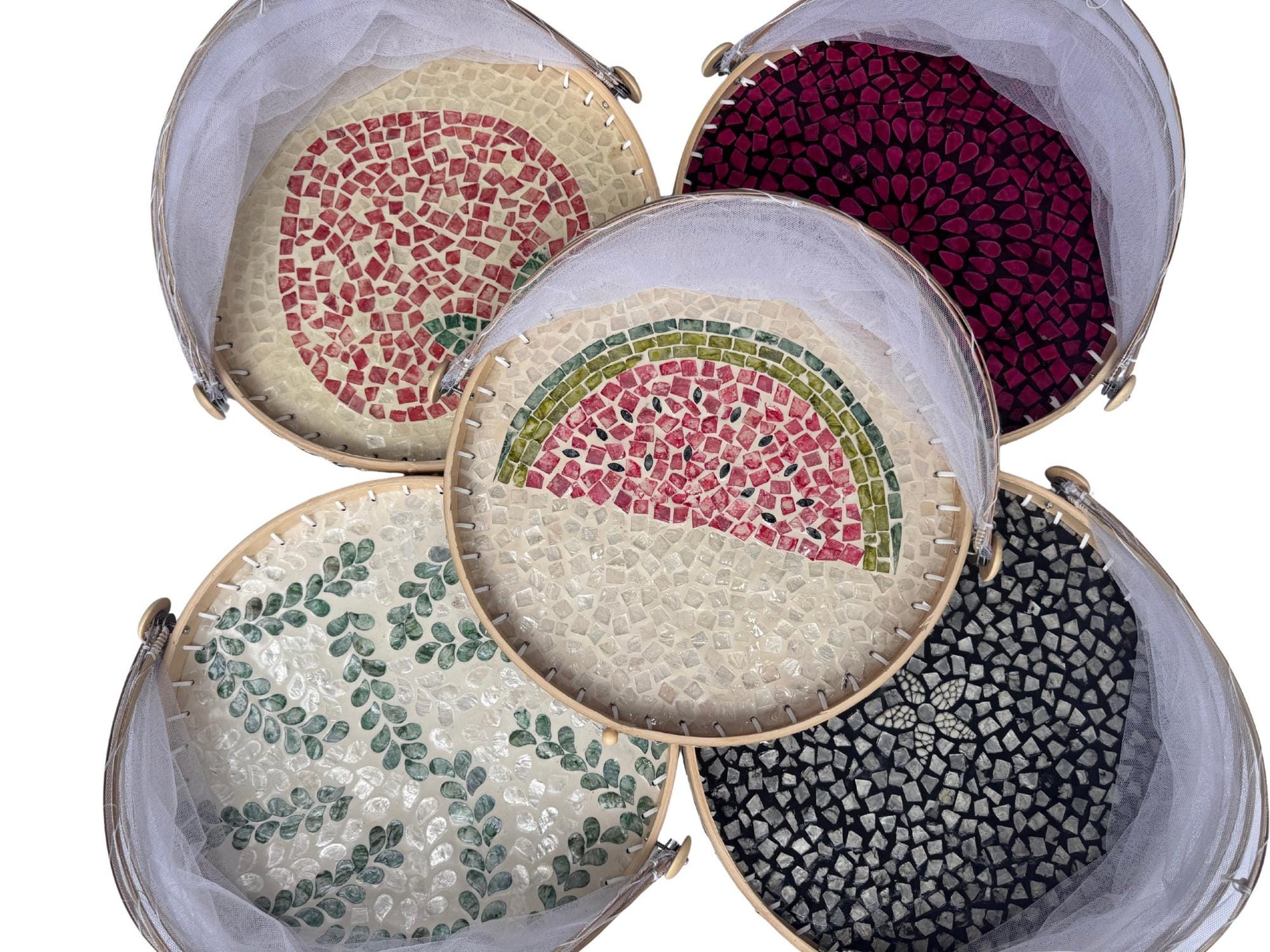Round Bamboo Food Cover with Mesh Dome, Mother of Pearl Inlay Bamboo Tray, Handmade Food Protector, Kitchen Serving Tray 16 Inch 165