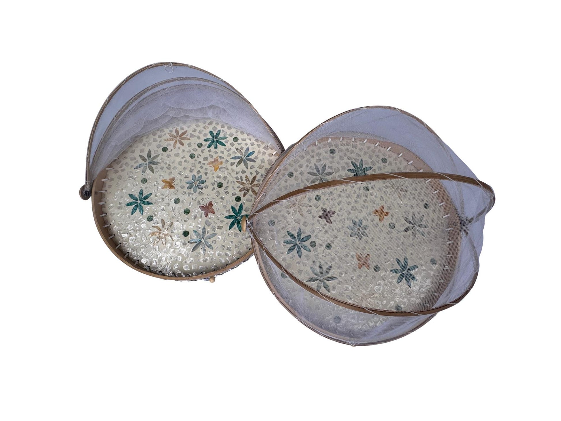 Handmade Bamboo Food Cover with Mesh Net Dome, Round Mother of Pearl Inlay Serving Tray, Large Kitchen Food Protector 18 Inch