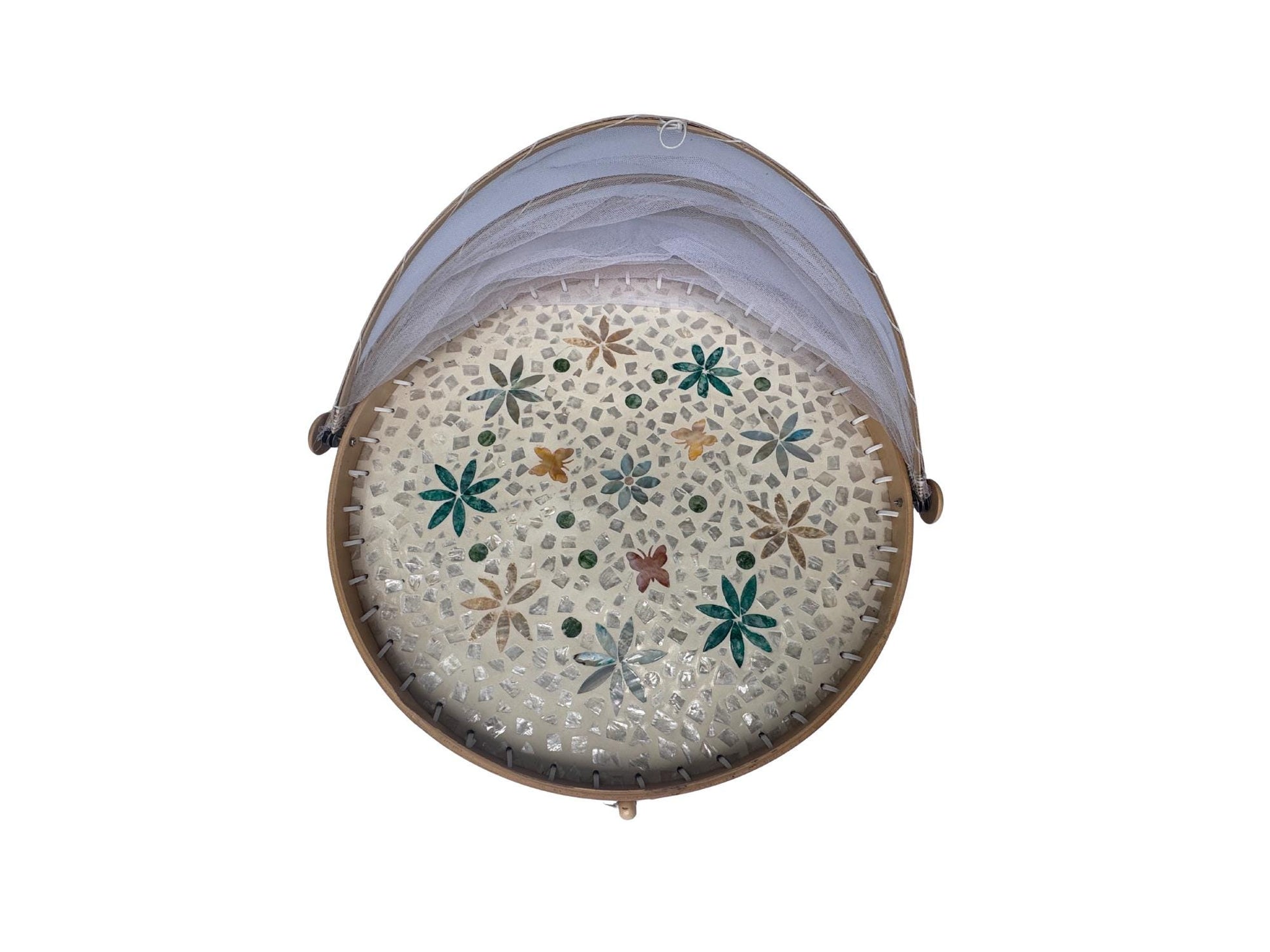 Handmade Bamboo Food Cover with Mesh Net Dome, Round Mother of Pearl Inlay Serving Tray, Large Kitchen Food Protector 18 Inch
