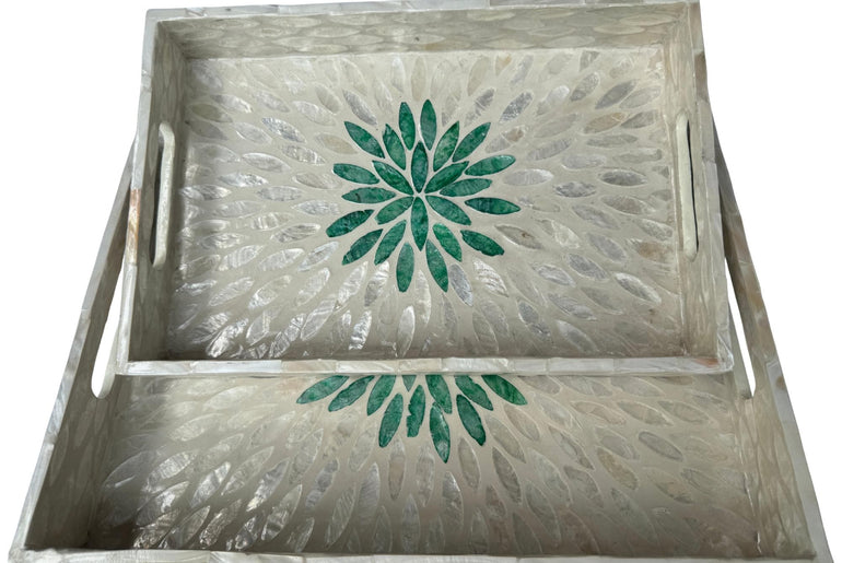 Mother of Pearl Rectangular Tray - Handmade Shell Inlay Serving Tray, Decorative Coffee Table Tray, Vanity Organizer, Housewarming Gift 47