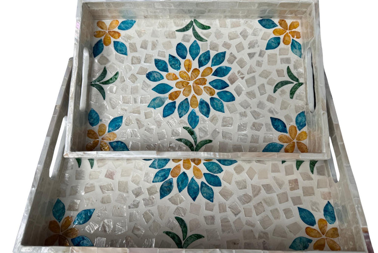 Mother of Pearl Rectangular Tray - Handmade Shell Inlay Serving Tray, Decorative Coffee Table Tray, Vanity Organizer, Housewarming Gift 46