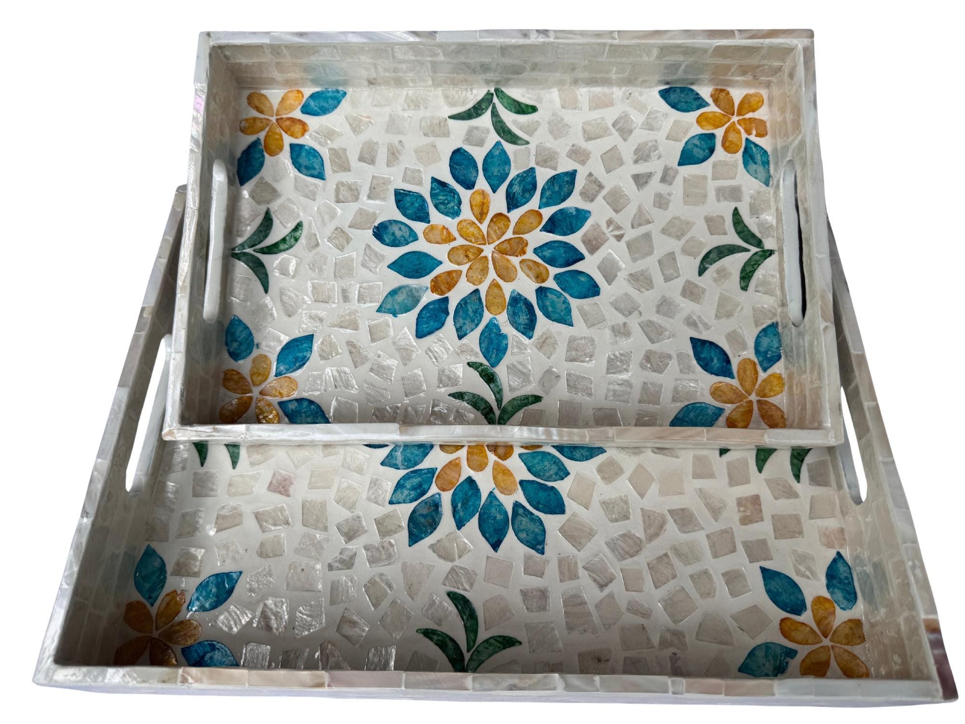 Mother of Pearl Rectangular Tray - Handmade Shell Inlay Serving Tray, Decorative Coffee Table Tray, Vanity Organizer, Housewarming Gift 46