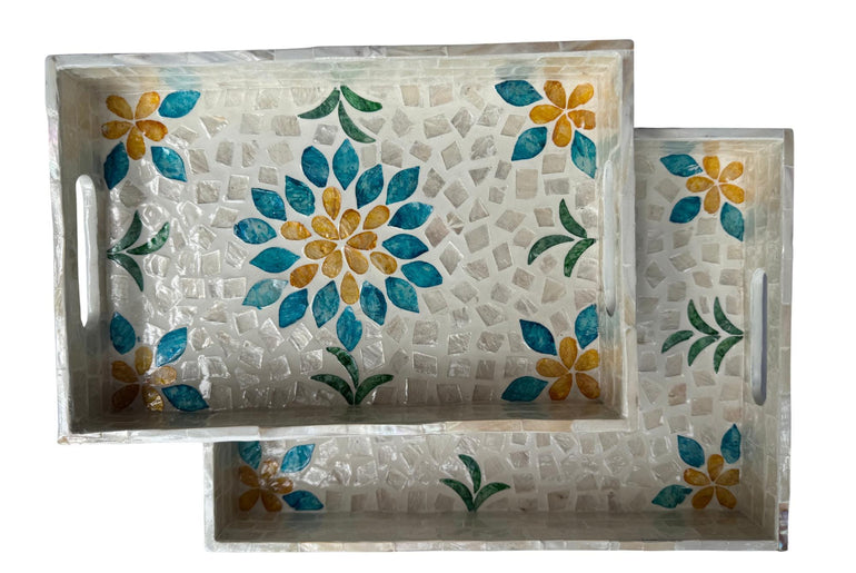 Mother of Pearl Rectangular Tray - Handmade Shell Inlay Serving Tray, Decorative Coffee Table Tray, Vanity Organizer, Housewarming Gift 46