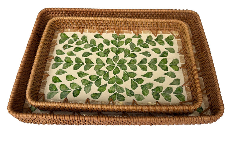 Handmade Rectangular Rattan Tray with Mother of Pearl Inlay Base - Boho Decorative Serving Tray for Coffee Table & Home Decor 43