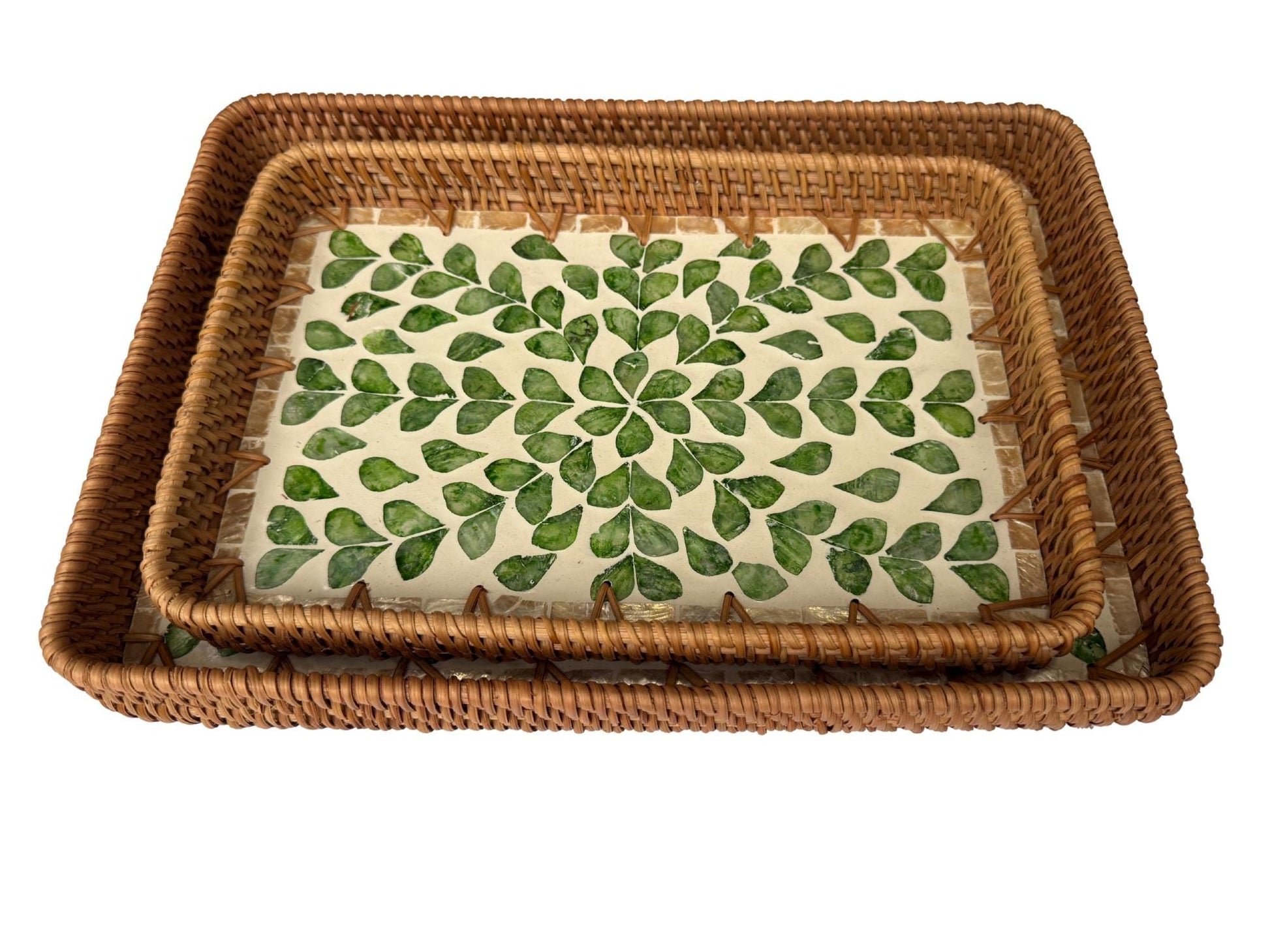 Handmade Rectangular Rattan Tray with Mother of Pearl Inlay Base - Boho Decorative Serving Tray for Coffee Table & Home Decor 43