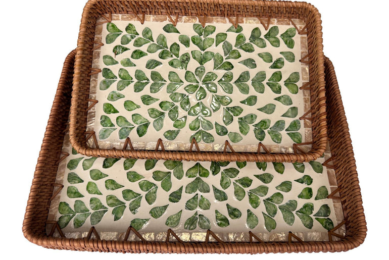 Handmade Rectangular Rattan Tray with Mother of Pearl Inlay Base - Boho Decorative Serving Tray for Coffee Table & Home Decor 43