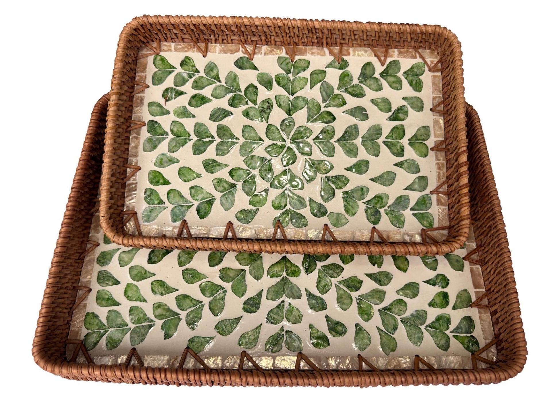 Handmade Rectangular Rattan Tray with Mother of Pearl Inlay Base - Boho Decorative Serving Tray for Coffee Table & Home Decor 43