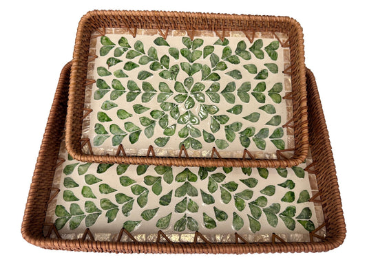 Handmade Rectangular Rattan Tray with Mother of Pearl Inlay Base - Boho Decorative Serving Tray for Coffee Table & Home Decor 43
