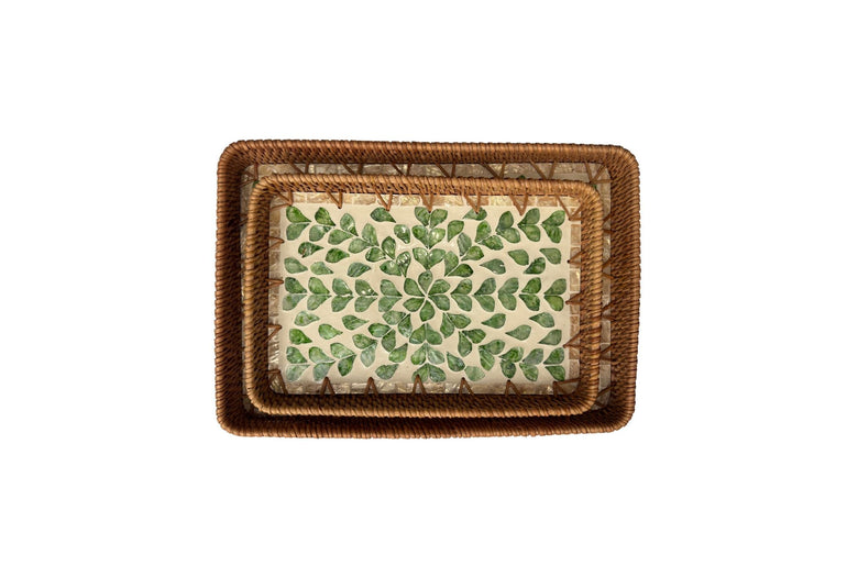 Handmade Rectangular Rattan Tray with Mother of Pearl Inlay Base - Boho Decorative Serving Tray for Coffee Table & Home Decor 43