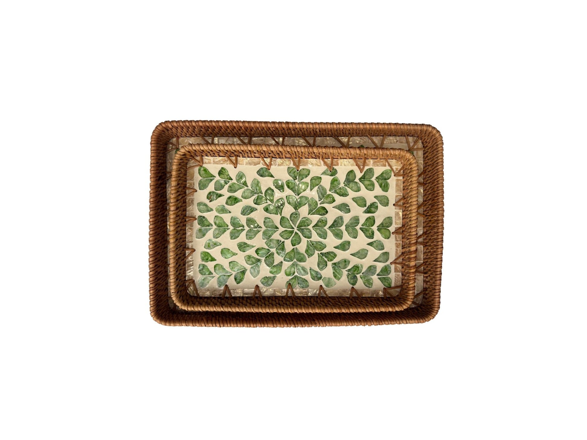 Handmade Rectangular Rattan Tray with Mother of Pearl Inlay Base - Boho Decorative Serving Tray for Coffee Table & Home Decor 43